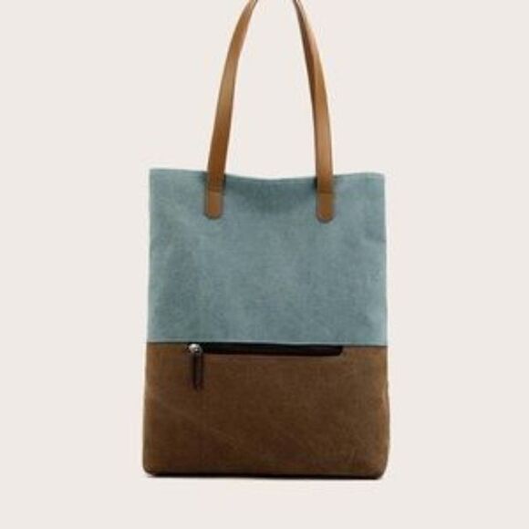 New Boho Canvas grey tan color block vegan leather mini backpack - Picture 6 of 11